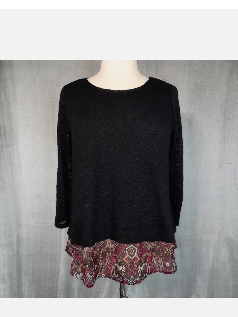 Dress Barn Black Knit Layered Top with Paisley Hem